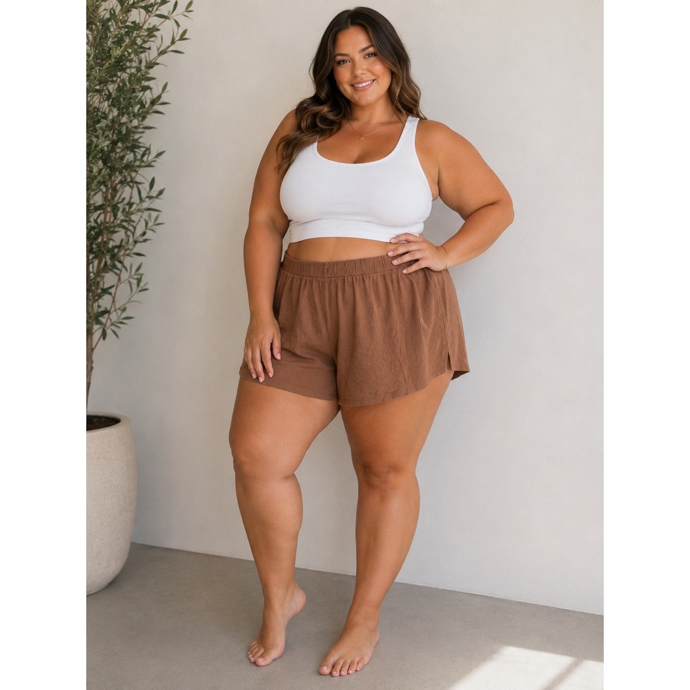 Womens Brown Elastic Waist‎ Lounge Shorts Textured Casual Summer Sleep Shorts